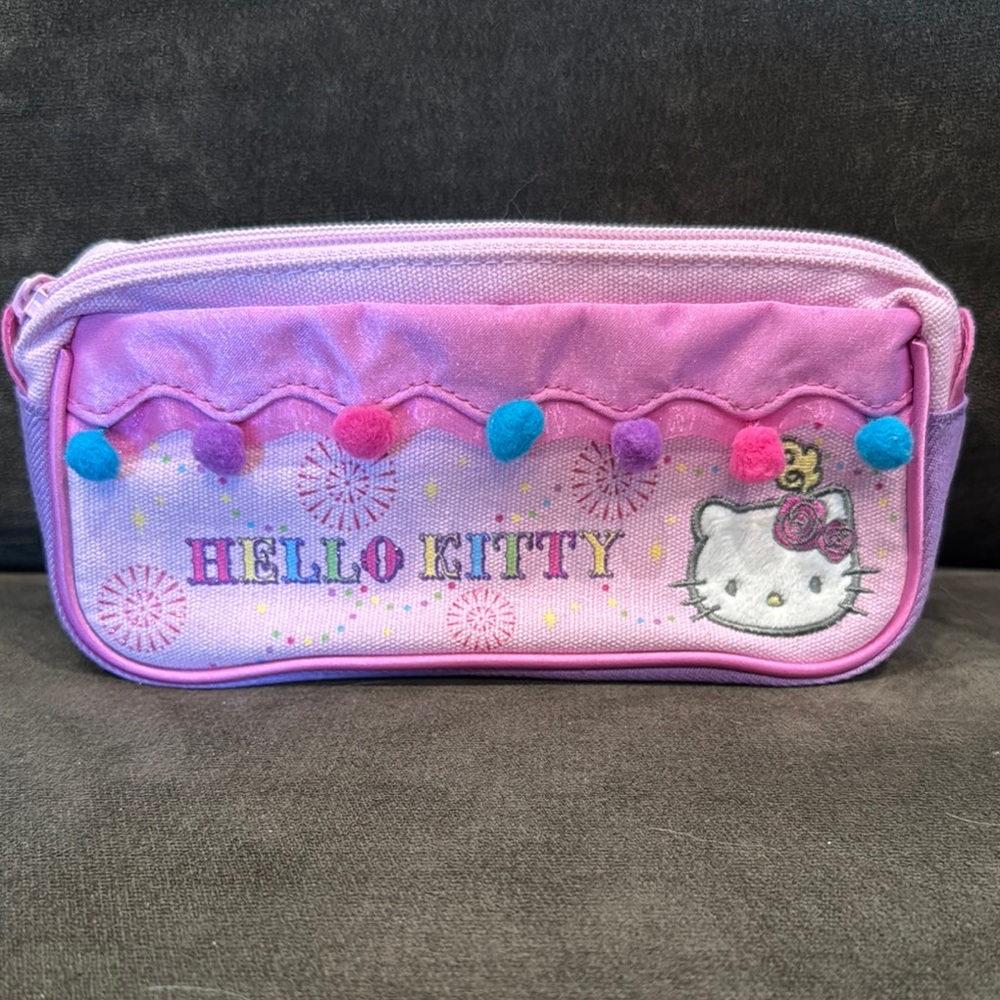 Hello Kitty Vintage Pencil Case/Cosmetic Bag, Canvas w/pom Poms EUC!